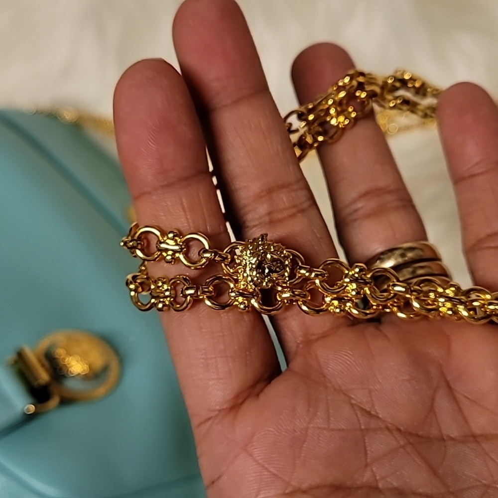 Rare Versace Aqua Leather Shoulder Bag with Gold Accents - Picture 10 of 17
